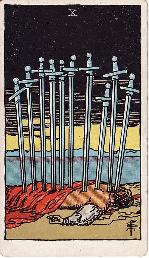 Diez de Espadas carta del tarot (baraja Rider-Waite-Smith)